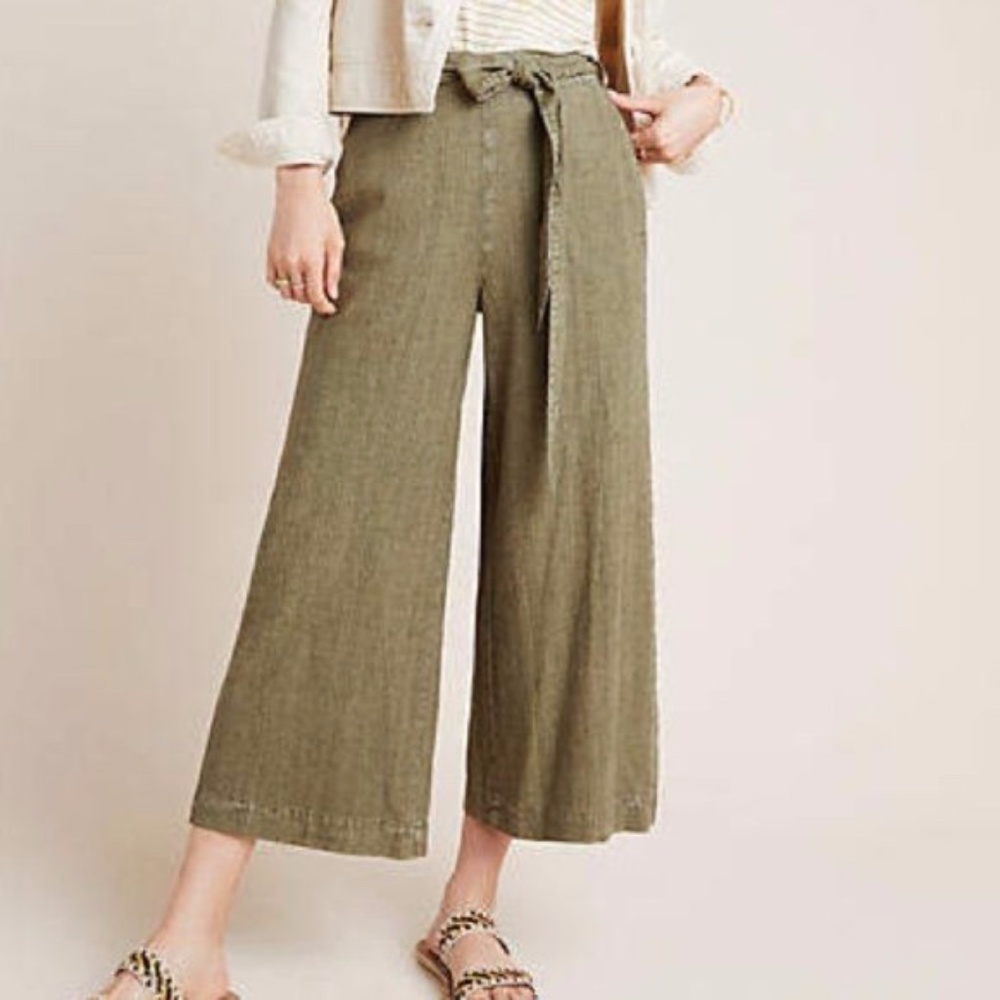 Anthropologie Olive Striped Wide Leg Linen Pants